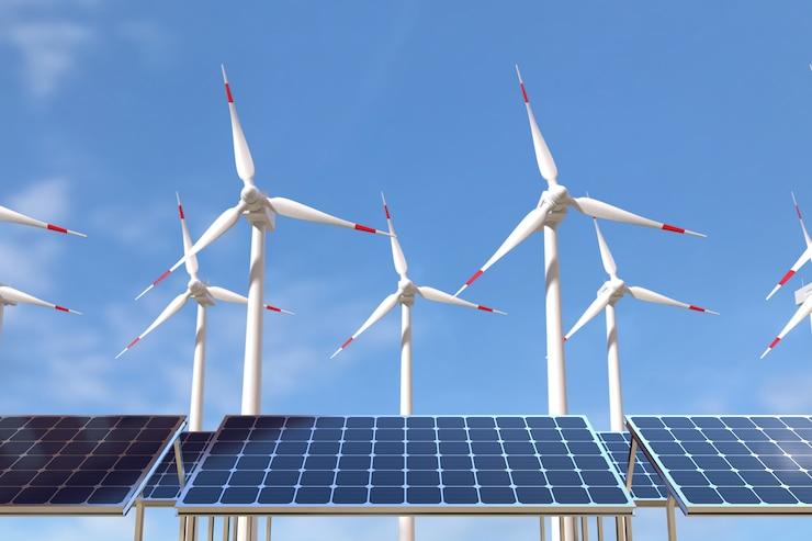 Solar panels and wind turbines green energy concept